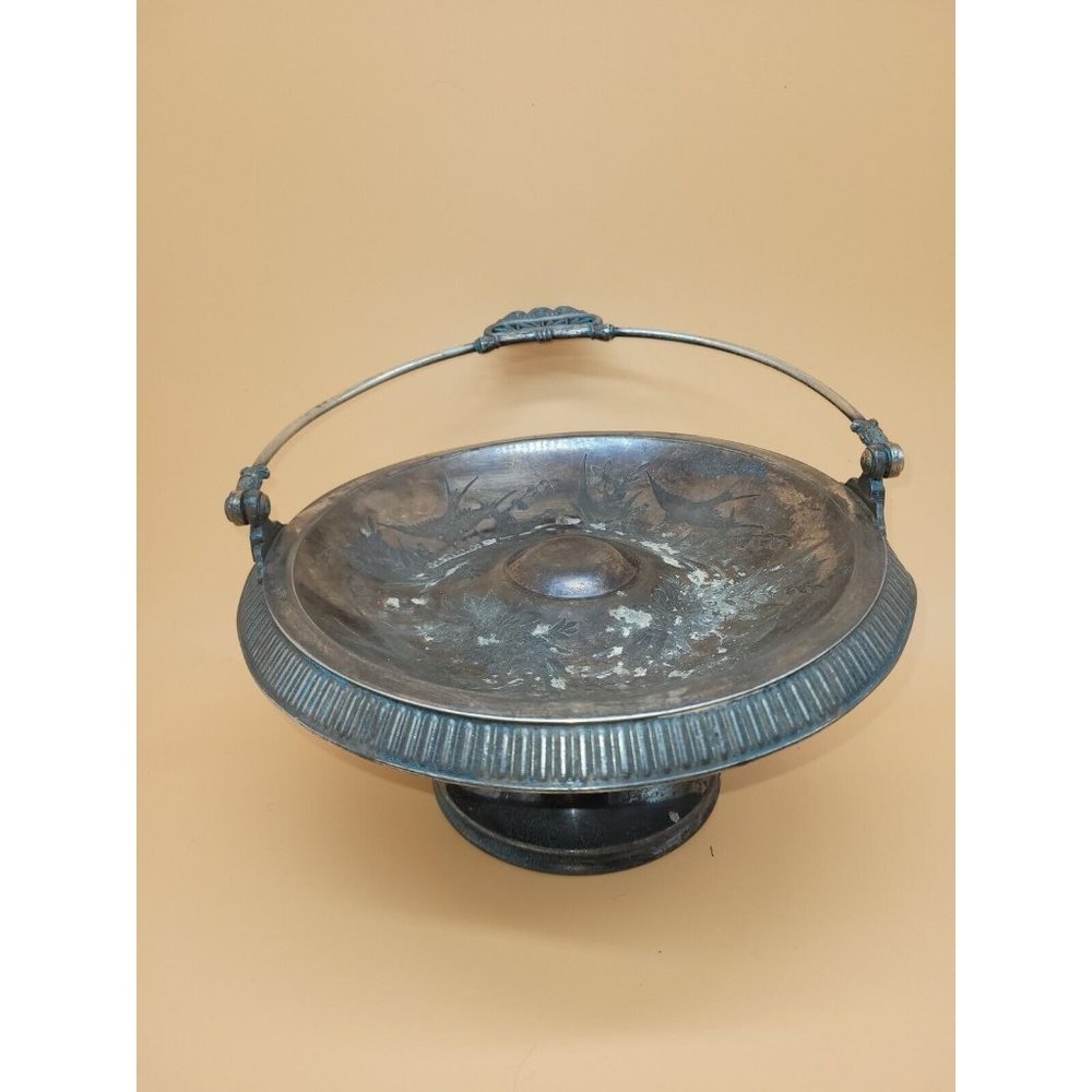Vintage Ornate Quadruple Silver Plated Meriden Handled Footed Tray Basket Dish